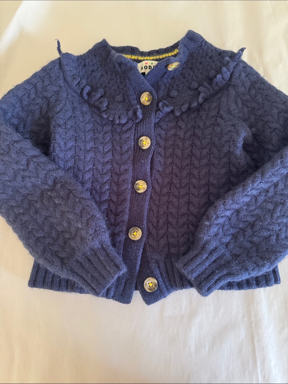 Mini Boden Blue Cable Knit Ruffle Collar Cardigan